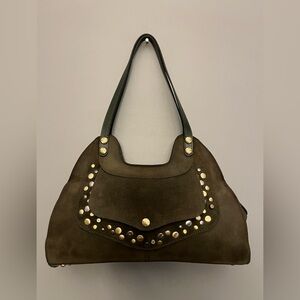 Patricia Nash Ergo Flap Italian Suede Dark Olive Color Studded Shoulder/Handbag